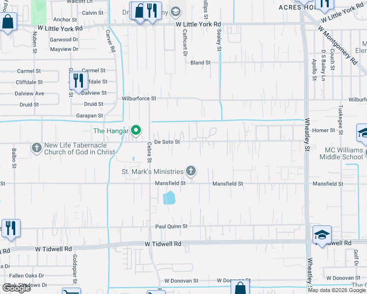 map of restaurants, bars, coffee shops, grocery stores, and more near 2005 De Soto Street in Houston