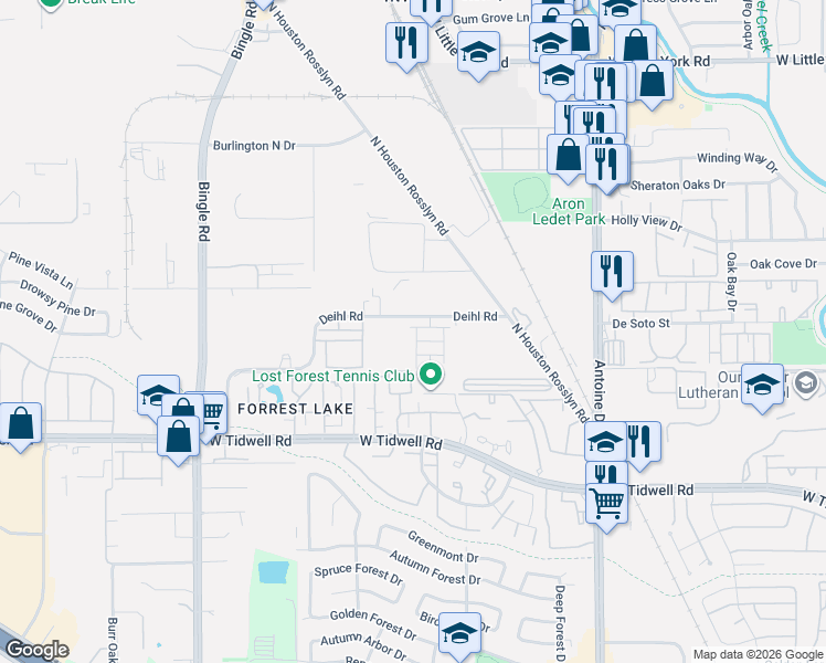 map of restaurants, bars, coffee shops, grocery stores, and more near 6322 Deihl Road in Houston