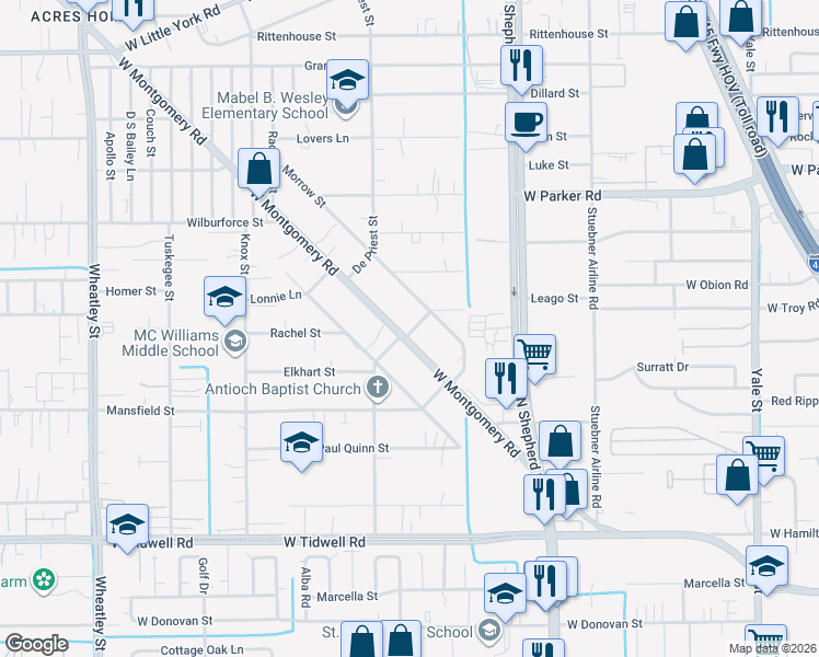 map of restaurants, bars, coffee shops, grocery stores, and more near 6105 Beall Street in Houston