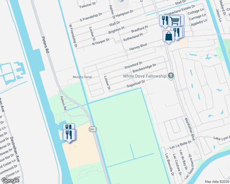 map of restaurants, bars, coffee shops, grocery stores, and more near 2257 Sugarloaf Drive in Harvey