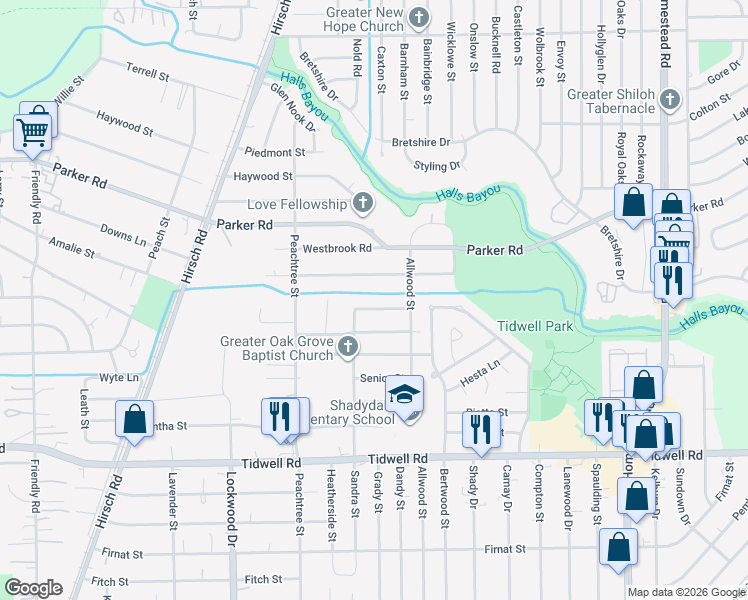 map of restaurants, bars, coffee shops, grocery stores, and more near 5713 Breland Street in Houston