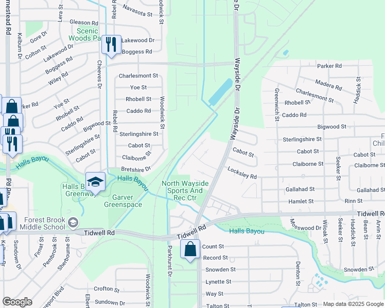 map of restaurants, bars, coffee shops, grocery stores, and more near 9699 Galaxy Street in Houston