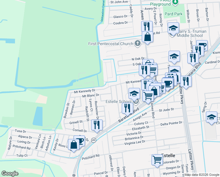 map of restaurants, bars, coffee shops, grocery stores, and more near 3380 Normandy Court in Marrero