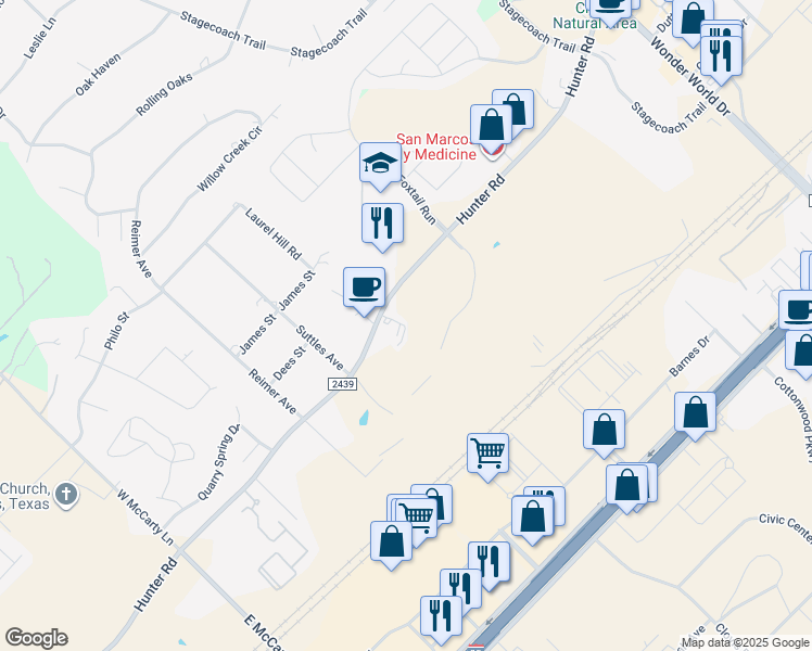 map of restaurants, bars, coffee shops, grocery stores, and more near 145 Bar B Que Way in San Marcos