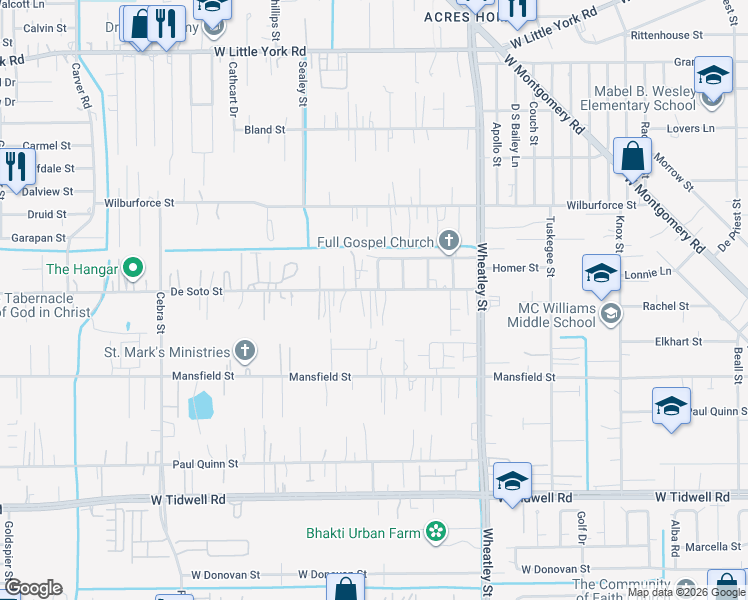 map of restaurants, bars, coffee shops, grocery stores, and more near 1413 De Soto Street in Houston