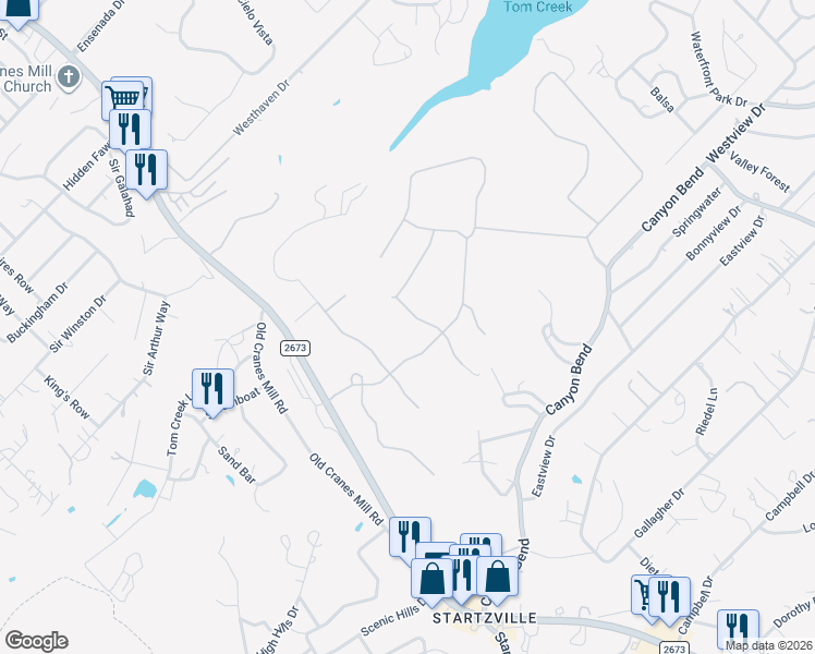 map of restaurants, bars, coffee shops, grocery stores, and more near 711 Malaga Court in Canyon Lake