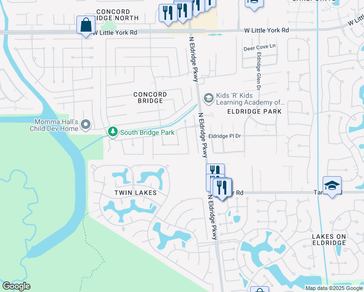 map of restaurants, bars, coffee shops, grocery stores, and more near 5727 Malcomboro Drive in Houston