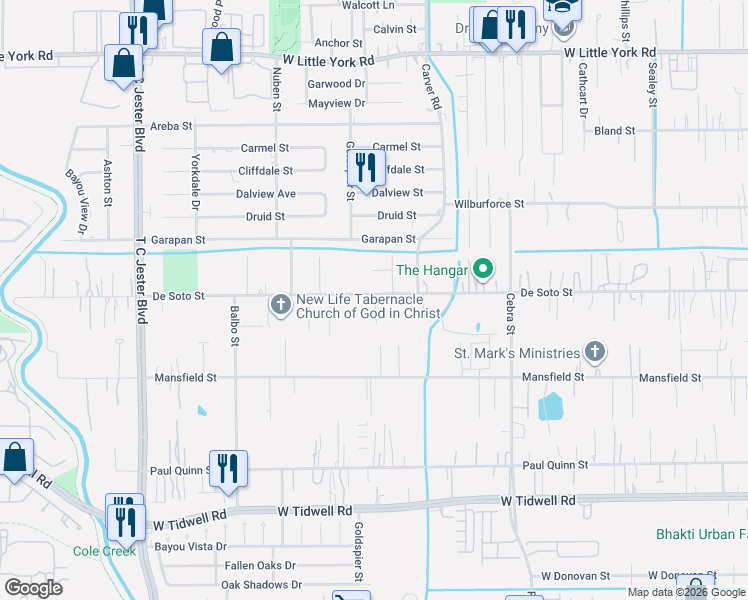 map of restaurants, bars, coffee shops, grocery stores, and more near 2627 Desoto Square Drive in Houston