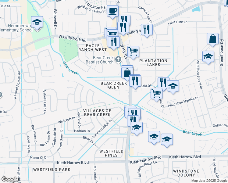map of restaurants, bars, coffee shops, grocery stores, and more near 20019 Ravenmeadow Lane in Katy