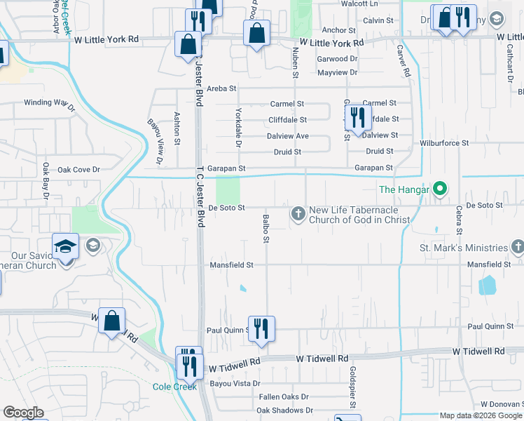 map of restaurants, bars, coffee shops, grocery stores, and more near 3204 De Soto Street in Houston