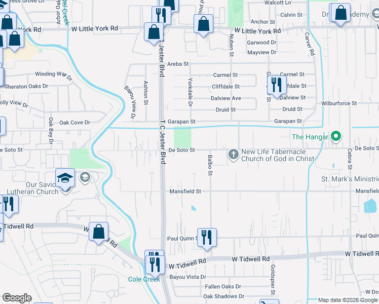 map of restaurants, bars, coffee shops, grocery stores, and more near 3316 De Soto Street in Houston