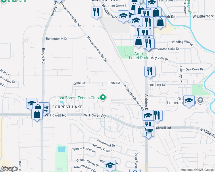 map of restaurants, bars, coffee shops, grocery stores, and more near 6235-6359 Deihl Road in Houston