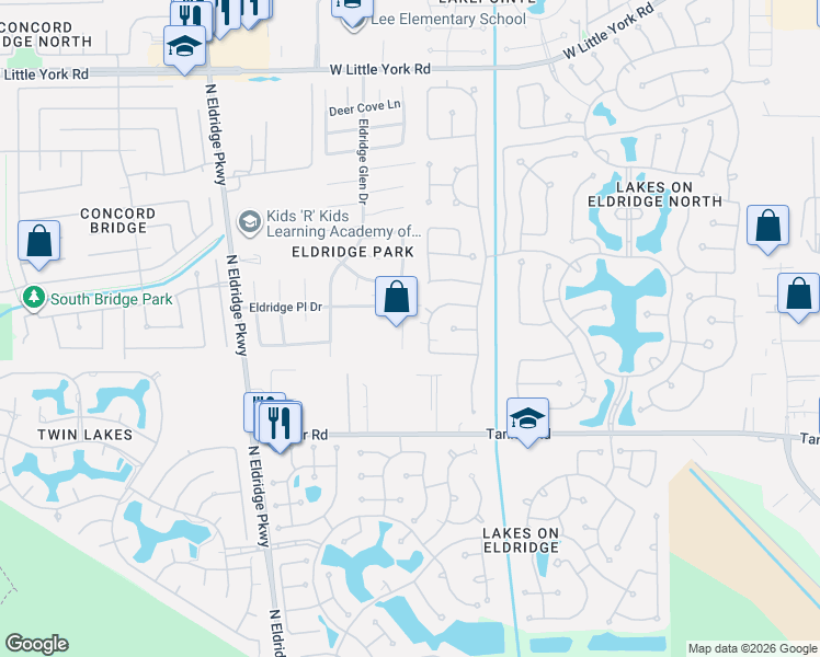 map of restaurants, bars, coffee shops, grocery stores, and more near 12506 Aliso Bend Lane in Houston