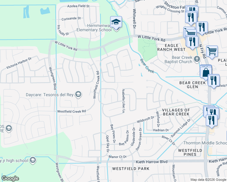 map of restaurants, bars, coffee shops, grocery stores, and more near 5234 Corbridge Glen Court in Katy