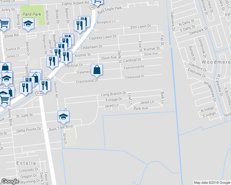 map of restaurants, bars, coffee shops, grocery stores, and more near 2653 Long Branch Drive in Marrero