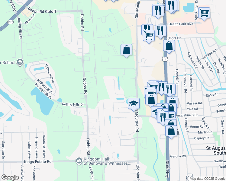 map of restaurants, bars, coffee shops, grocery stores, and more near 240 North Hidden Tree Drive in St. Augustine