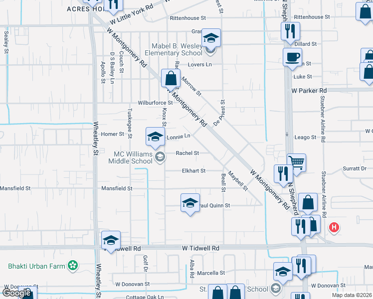 map of restaurants, bars, coffee shops, grocery stores, and more near 856 Rachel Street in Houston