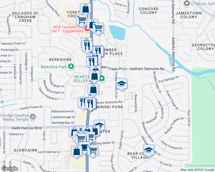 map of restaurants, bars, coffee shops, grocery stores, and more near 8 Timber Creek Place Drive in Houston