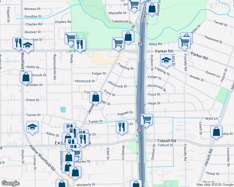 map of restaurants, bars, coffee shops, grocery stores, and more near 3303 Trout Street in Houston