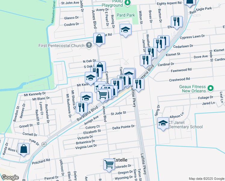 map of restaurants, bars, coffee shops, grocery stores, and more near 8529 Caminada Drive in Marrero