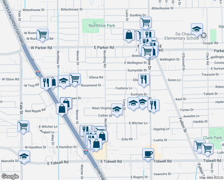map of restaurants, bars, coffee shops, grocery stores, and more near 702 Fostoria Lane in Houston