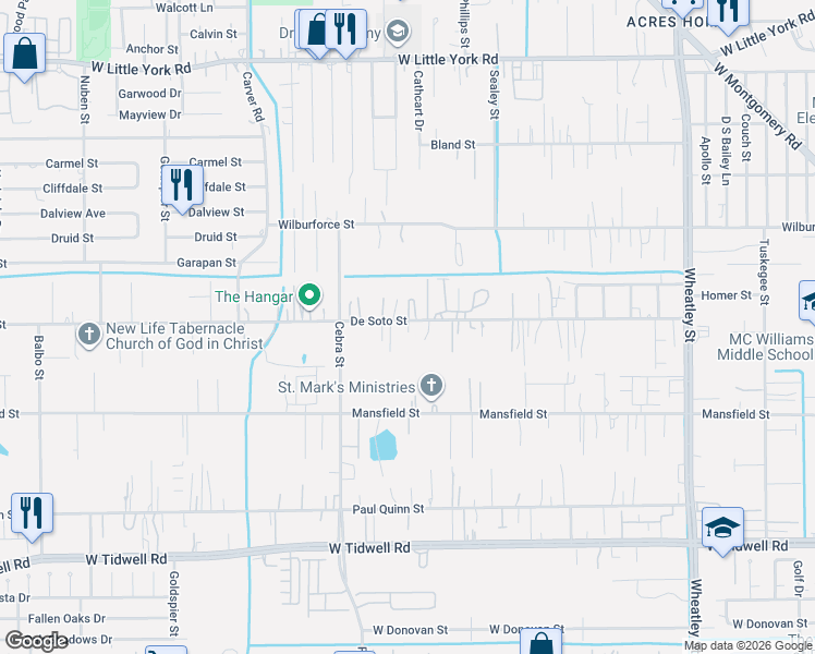map of restaurants, bars, coffee shops, grocery stores, and more near 2005 De Soto Street in Houston