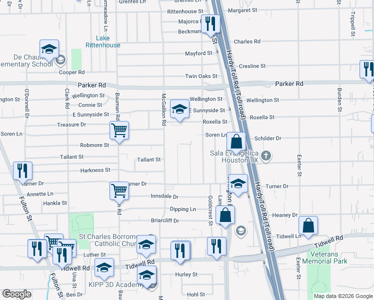 map of restaurants, bars, coffee shops, grocery stores, and more near 10230 Malcolm Drive in Houston
