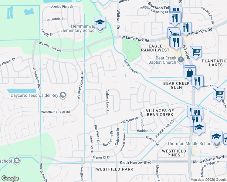 map of restaurants, bars, coffee shops, grocery stores, and more near 20411 Newcastle Ridge Lane in Katy