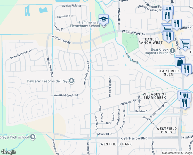 map of restaurants, bars, coffee shops, grocery stores, and more near 5234 Corbridge Glen Court in Katy