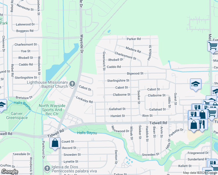 map of restaurants, bars, coffee shops, grocery stores, and more near 8122 Cabot Street in Houston
