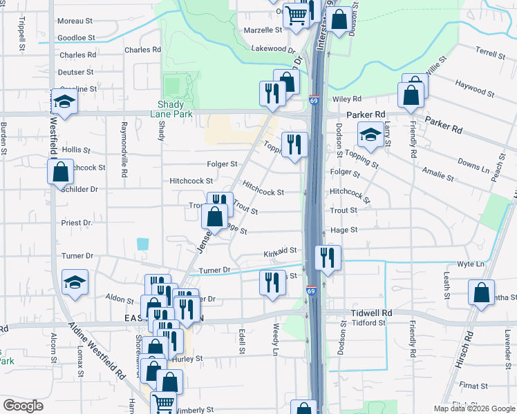 map of restaurants, bars, coffee shops, grocery stores, and more near 3303 Trout Street in Houston