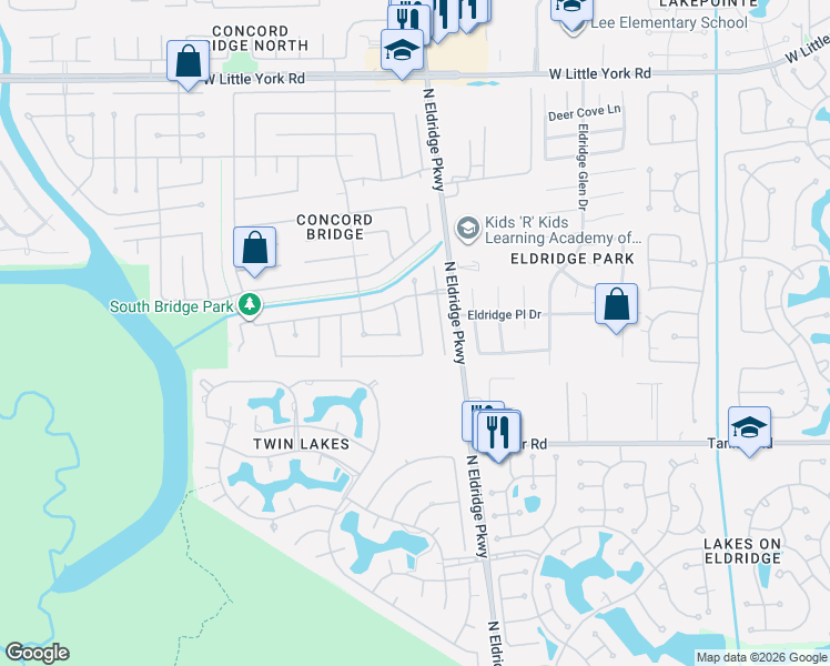 map of restaurants, bars, coffee shops, grocery stores, and more near 5727 Malcomboro Drive in Houston
