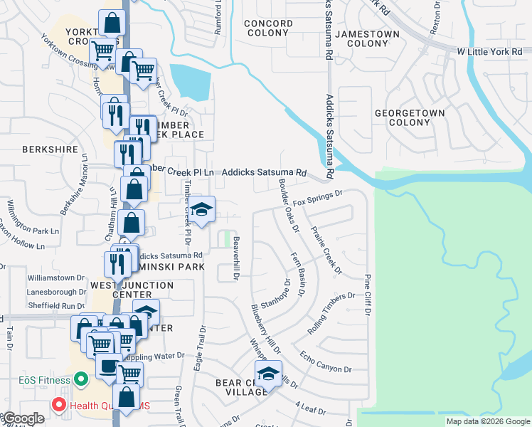 map of restaurants, bars, coffee shops, grocery stores, and more near 15827 Fox Springs Drive in Houston