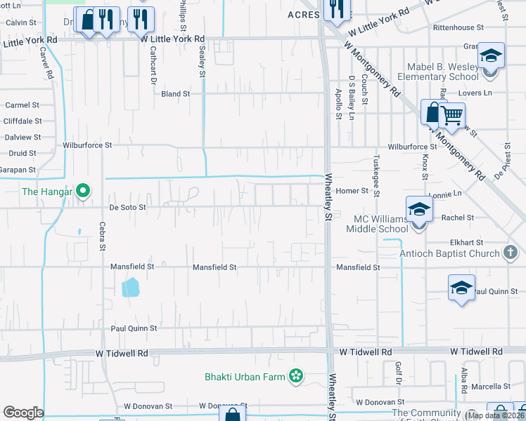 map of restaurants, bars, coffee shops, grocery stores, and more near 1413 De Soto Street in Houston