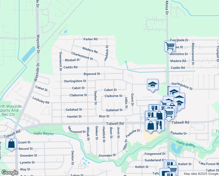 map of restaurants, bars, coffee shops, grocery stores, and more near 8427 Cabot Street in Houston