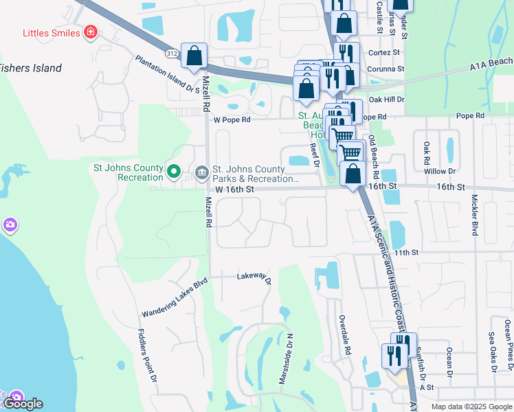 map of restaurants, bars, coffee shops, grocery stores, and more near 913 Windward Way in St. Augustine