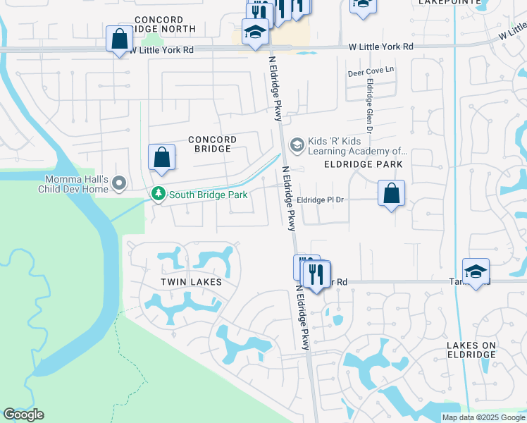 map of restaurants, bars, coffee shops, grocery stores, and more near 5727 Malcomboro Drive in Houston
