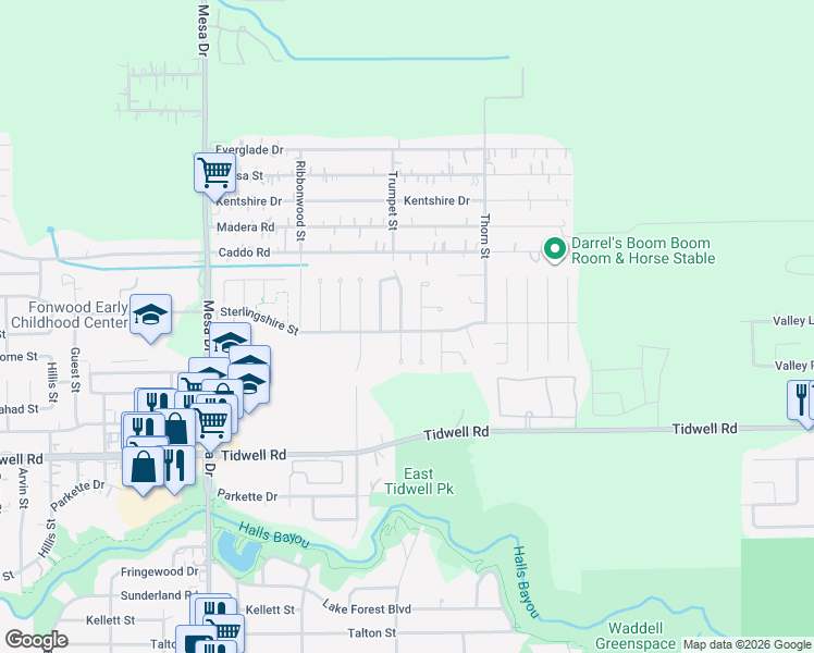 map of restaurants, bars, coffee shops, grocery stores, and more near 9802 Trumpet St in Houston