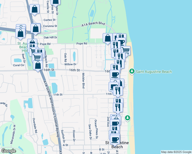 map of restaurants, bars, coffee shops, grocery stores, and more near 135 15th Street in St. Augustine