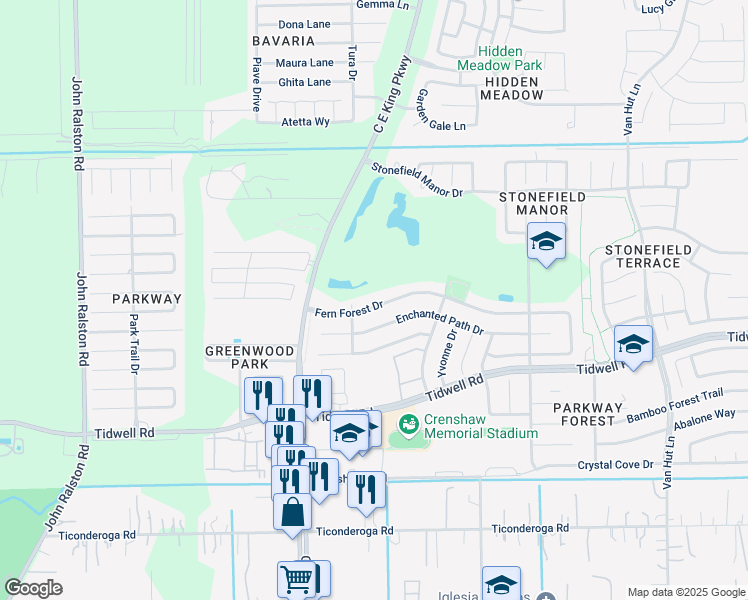 map of restaurants, bars, coffee shops, grocery stores, and more near 12523 Fern Forest Drive in Houston