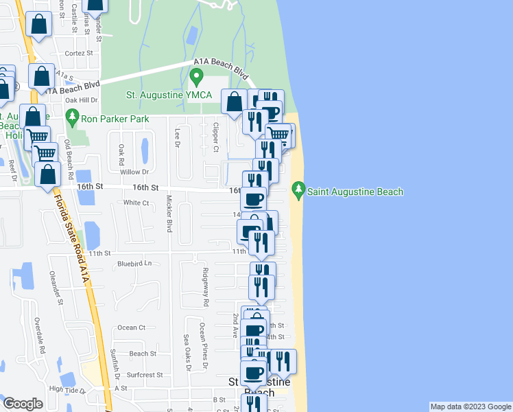 map of restaurants, bars, coffee shops, grocery stores, and more near 421 A1A Beach Boulevard in St. Augustine