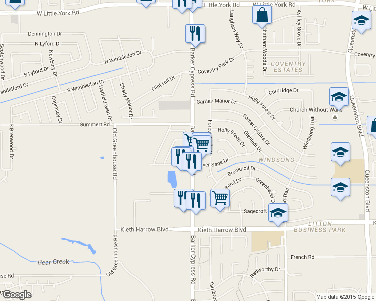 map of restaurants, bars, coffee shops, grocery stores, and more near 5614 Calm Court in Houston