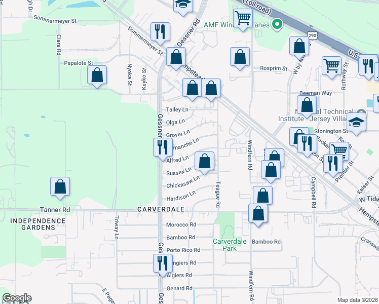 map of restaurants, bars, coffee shops, grocery stores, and more near 10050 Alfred Lane in Houston