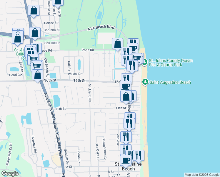 map of restaurants, bars, coffee shops, grocery stores, and more near 125 15th Street in St. Augustine