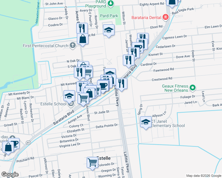 map of restaurants, bars, coffee shops, grocery stores, and more near in Estelle
