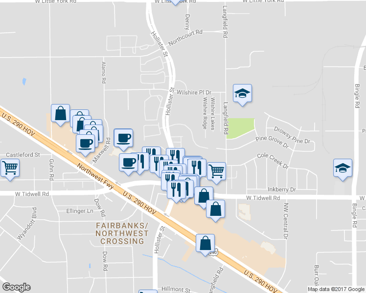 map of restaurants, bars, coffee shops, grocery stores, and more near 5914 Hollister Cole in Houston