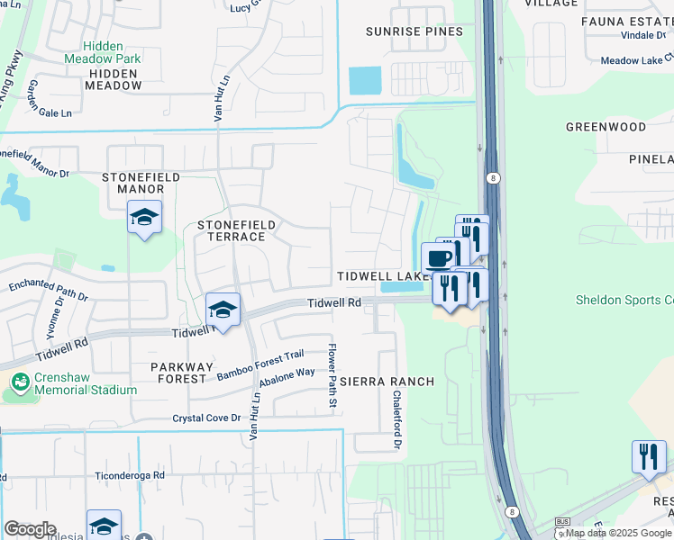 map of restaurants, bars, coffee shops, grocery stores, and more near 8922 Highland Lodge Lane in Houston