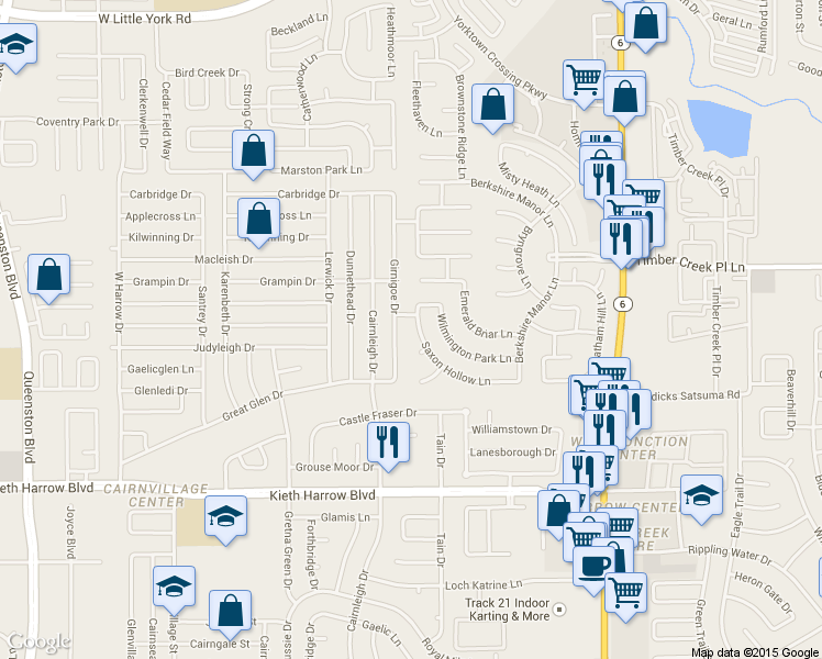 map of restaurants, bars, coffee shops, grocery stores, and more near 16211 Saxon Hollow Lane in Houston