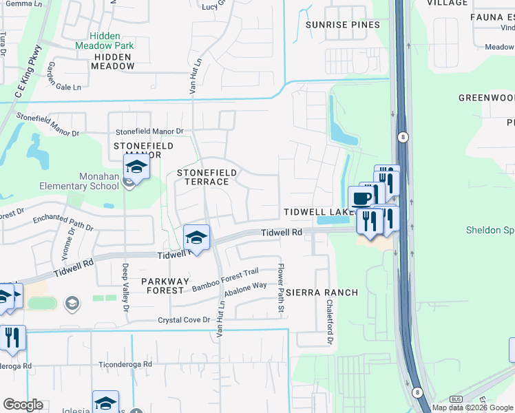 map of restaurants, bars, coffee shops, grocery stores, and more near 13102 Blossom Field Court in Houston
