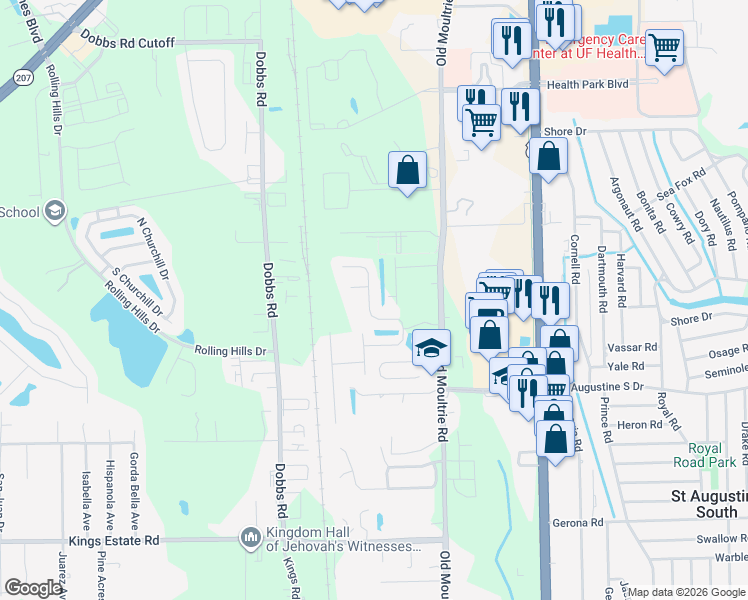 map of restaurants, bars, coffee shops, grocery stores, and more near 240 North Hidden Tree Drive in St. Augustine